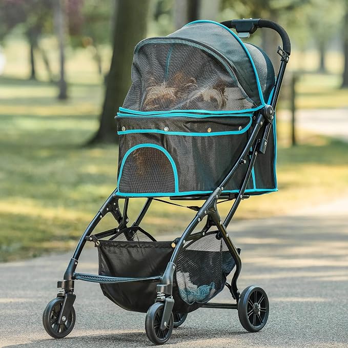 Carlson Pet Stroller for Dogs and Cats up to 30 lb, Foldable Travel Stroller with Mesh Canopy, Umbrella, Swivel Wheel, Rear Brakes, Reflective Trim, Black