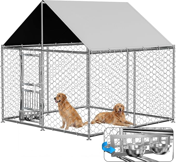 Redlife 7.5x7.5FT Heavy-Duty Outdoor Dog Kennel with Roof | Galvanized Steel Dog Cage, 360° Rotating Feeding Bowls, Double Door Opening, Waterproof Cover, Large Backyard Pet Enclosure