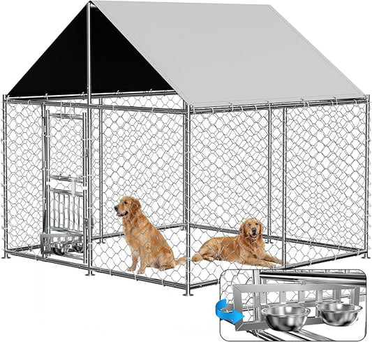 Redlife 7.5x7.5FT Heavy-Duty Outdoor Dog Kennel with Roof | Galvanized Steel Dog Cage, 360° Rotating Feeding Bowls, Double Door Opening, Waterproof Cover, Large Backyard Pet Enclosure