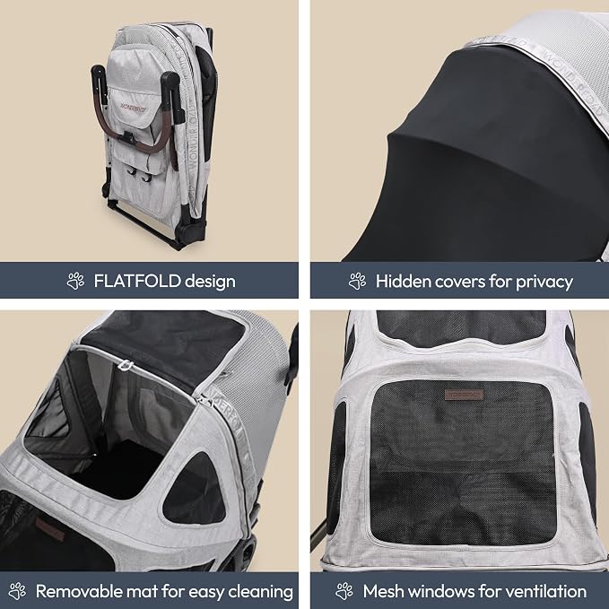 WonderFold Hudson Pet Stroller for Large Pets - super FLATFOLD: Even the Wheels Fold In - GRAY, LARGE
