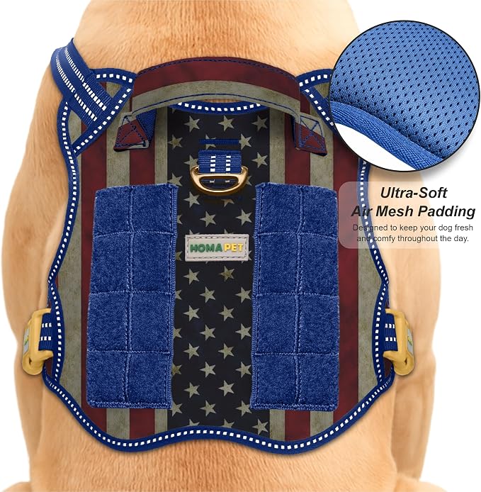 Homapet. Tactical Dog Harness with Dual Leash Attachment Points, Adjustable and Reflective Military Grade Dog Vest with Comfort Control Handle (Us Flag, L)