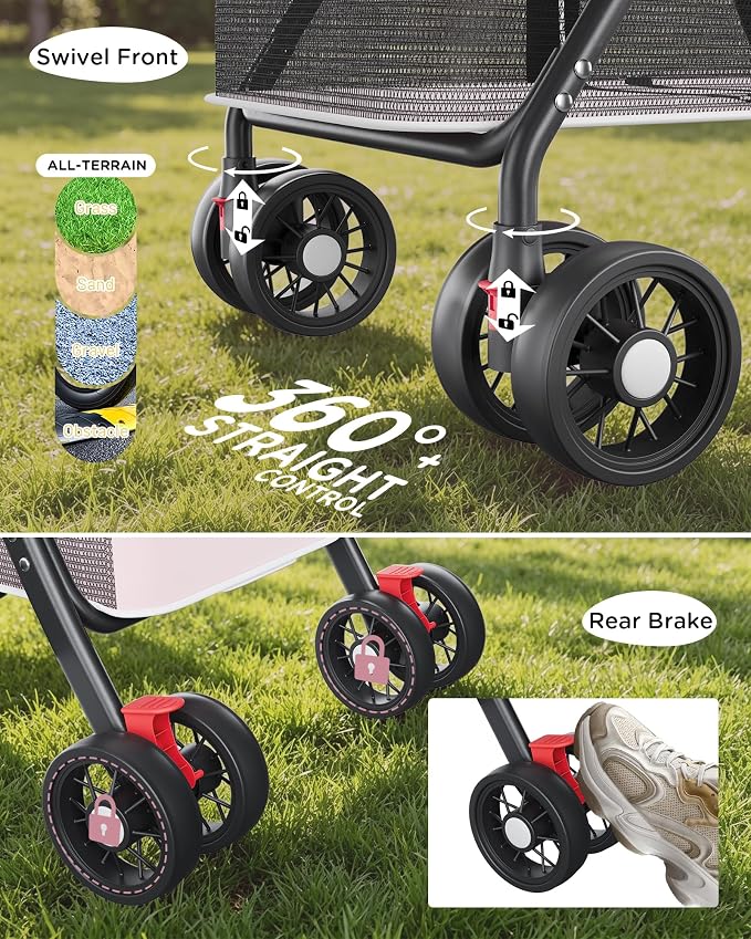 GTPLAYER Foldable Pet Stroller for Small Dogs and Cats, Holds Up to 33 lb, 4 Wheel, Full Mesh Ultra Breathable, Safety Tethers, Cup Holder & Poop Bags Included, Pink
