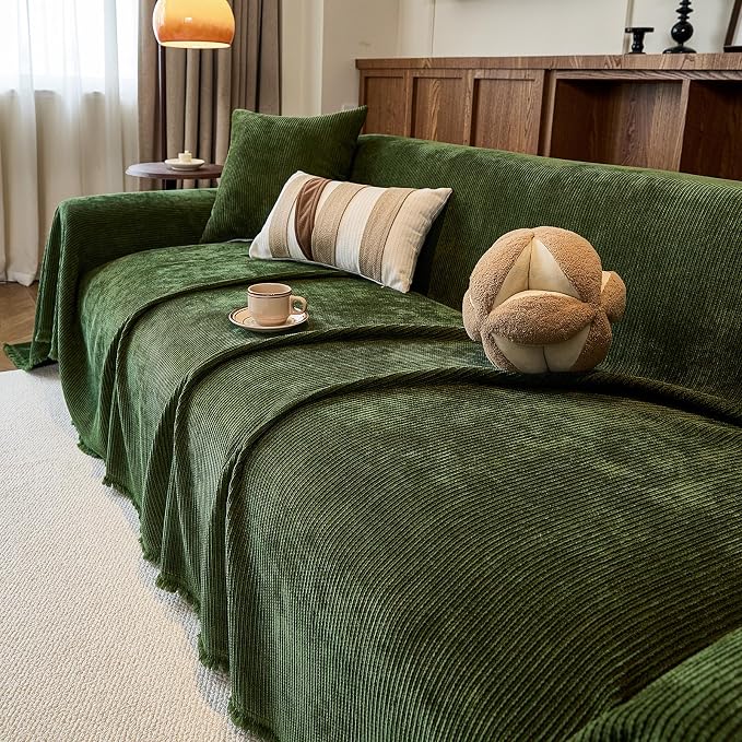 VClife Vintage Olive Green Striped Couch Cover with Tassel, 71" X 150" | Soft Thick Chenille Couch Covers for 3 Cushion Couch Sofa, Washable Sofa Covers for Sectional Sofa, Fade & Shrink Resistant