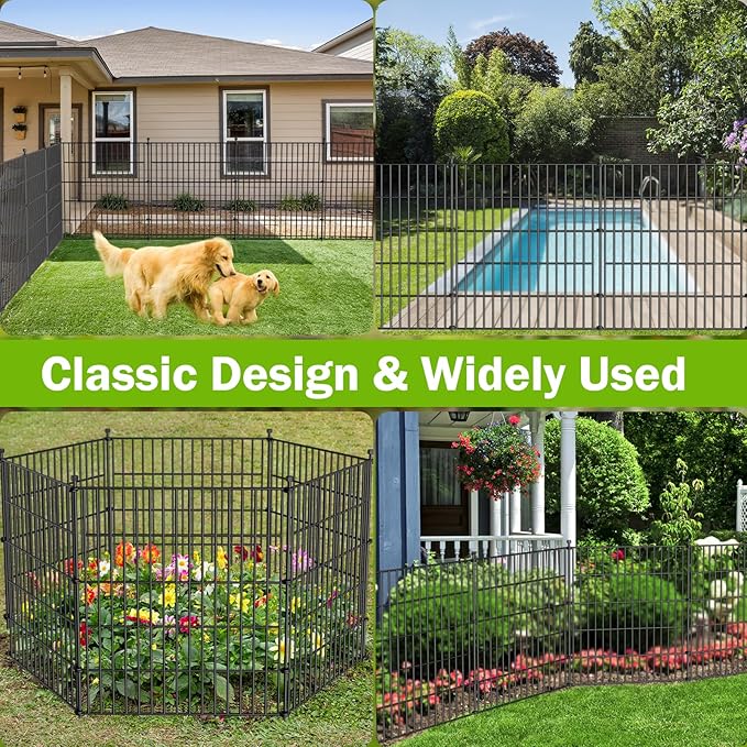 10 Panels No Dig Decorative Outdoor Garden Fence for Yard, 32 in(H) X 23.6 ft(L) Animal Barrier Fencing Rustproof Metal Wire Panel Border for Dog, Rabbits, and Patio Temporary Ground Stakes