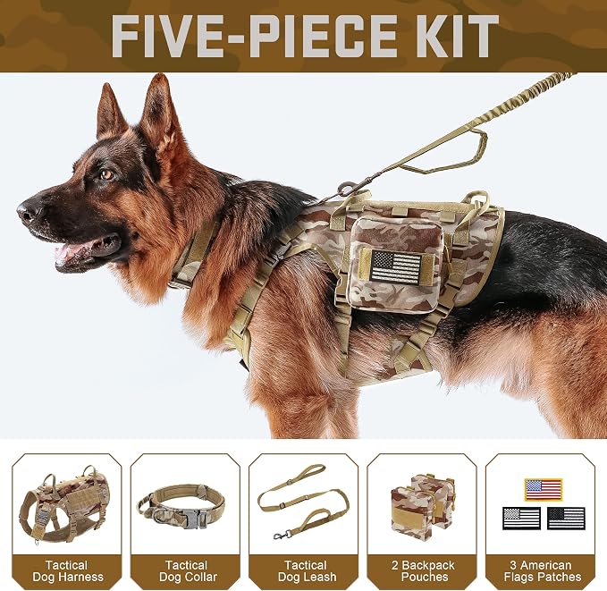 Forestpaw Tactical Dog Harness Collar Bungee Leash Set,S,Camo Brown | Adjustable Fits 17-25" Chest,20-35 lbs,No Pull Control Military Style,Quick Release Buckle,Walking for Medium Dogs
