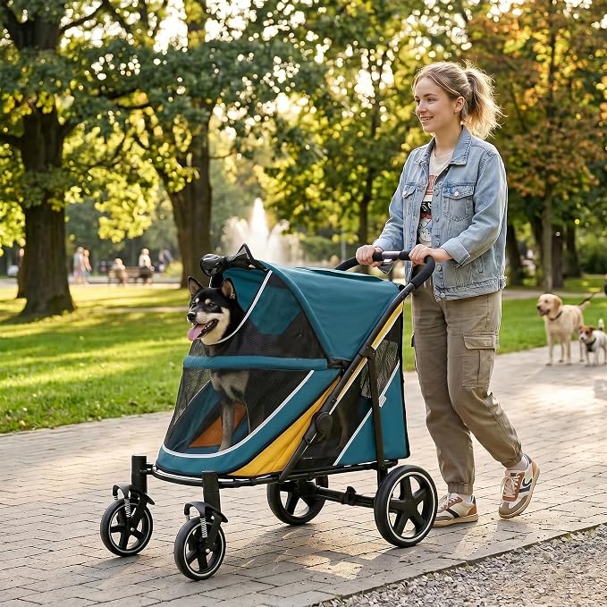 Dog Stroller for Medium/Large Dogs One-Click Folding, Extra Large Pet Stroller for 2 Dogs with Storage Pocket & Shock Absorption, Up to 130 lbs, Blue