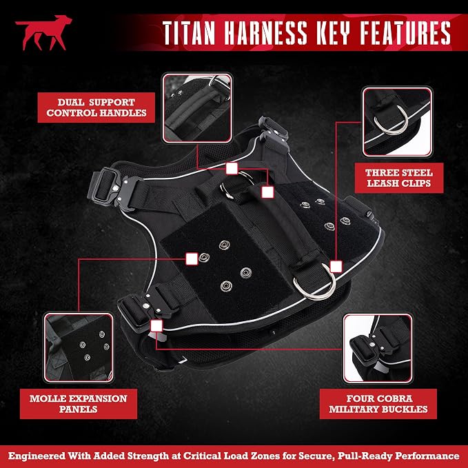 Tuff Pupper Elite Tactical Dog Harness | Dual Control Handles | Front & Back D-Rings | Fully Adjustable | Military Cobra Buckles | Heavy Duty Nylon Vest | Reflective MOLLE Dog Harness for Medium Dogs