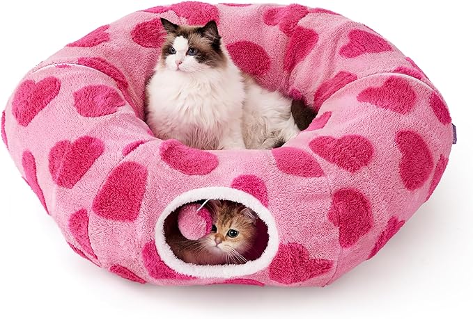 Lesure Donut Cute Jacquard Cat Tunnel Bed Kitten Toys for Puppy Bunny | 33.5x33.5x10in,Round Cat Bed Tube for Indoor Cats Rabbit Dog,Pet Peekaboo Cave Toy,Spiral Hideaway,Washable Cushion