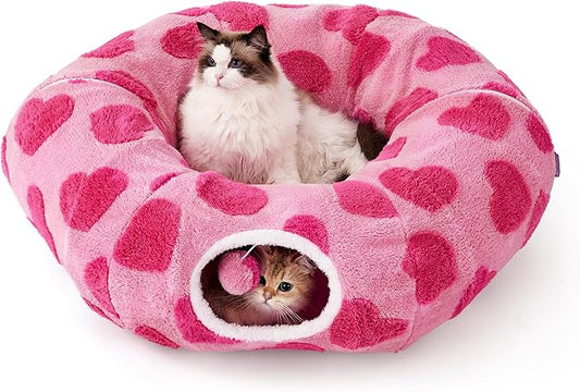 Lesure Donut Cute Jacquard Cat Tunnel Bed Kitten Toys for Puppy Bunny | 33.5x33.5x10in,Round Cat Bed Tube for Indoor Cats Rabbit Dog,Pet Peekaboo Cave Toy,Spiral Hideaway,Washable Cushion