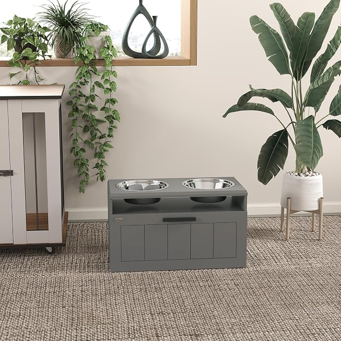 PawHut Elevated Dog Bowls Raised Dog Feeder with Storage Gray | 2 Stainless Steel Bowls, Slow Feeder Mat, Feeding Station, Large Extra Large Breeds