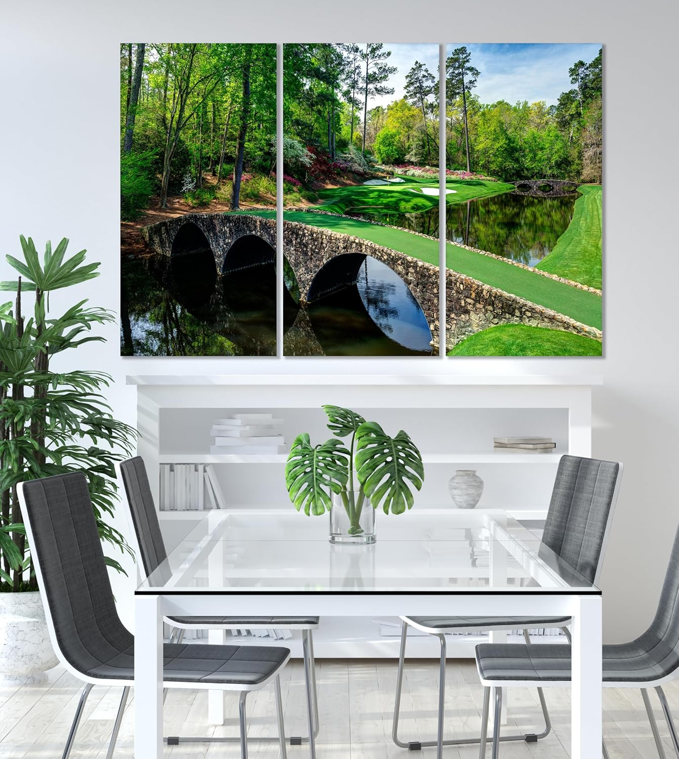 Nature Wall Art Prints - Ocean Forest Mountain Lake Canvas Landscapes - Small to Extra Large Living Room Bedroom Kitchen Bathroom Décor (Golf Course with Stone Bridge, 47L" x 71W" - 3 panels)