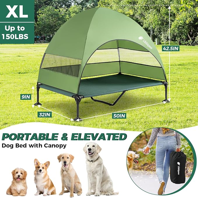 Outdoor Elevated Dog Bed with Canopy for Large Dogs, Green, XL | Breathable Raised Cot with Shade, Tool-Free Setup for Patios, Backyards and Camping