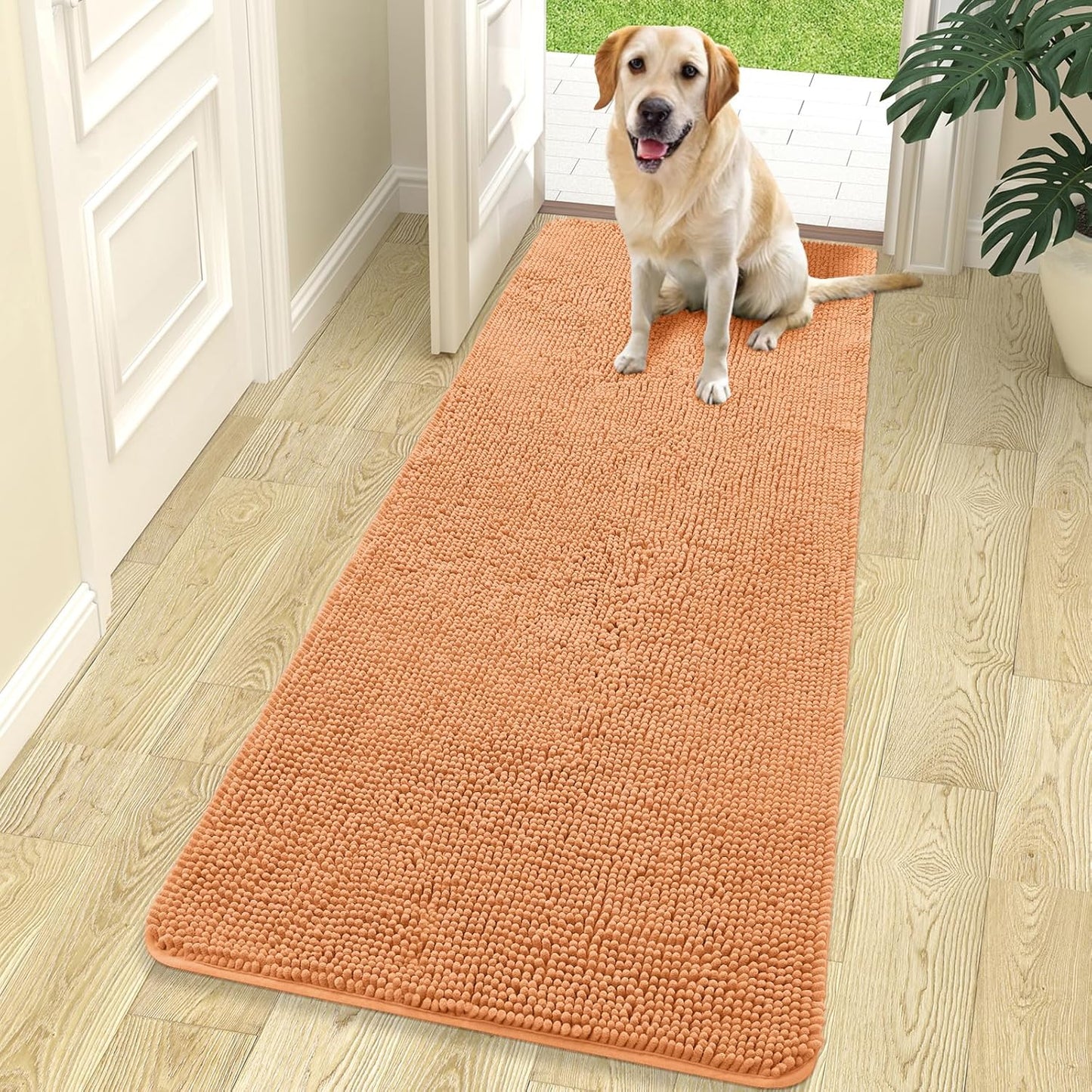 OLANLY Dog Door Mat for Muddy Paws 70x24, Absorbs Moisture and Dirt, Absorbent Non-Slip Washable Doormat, Quick Dry Chenille Mud Mat for Dogs, Entry Indoor Entryway Carpet for Inside Floor, Orange