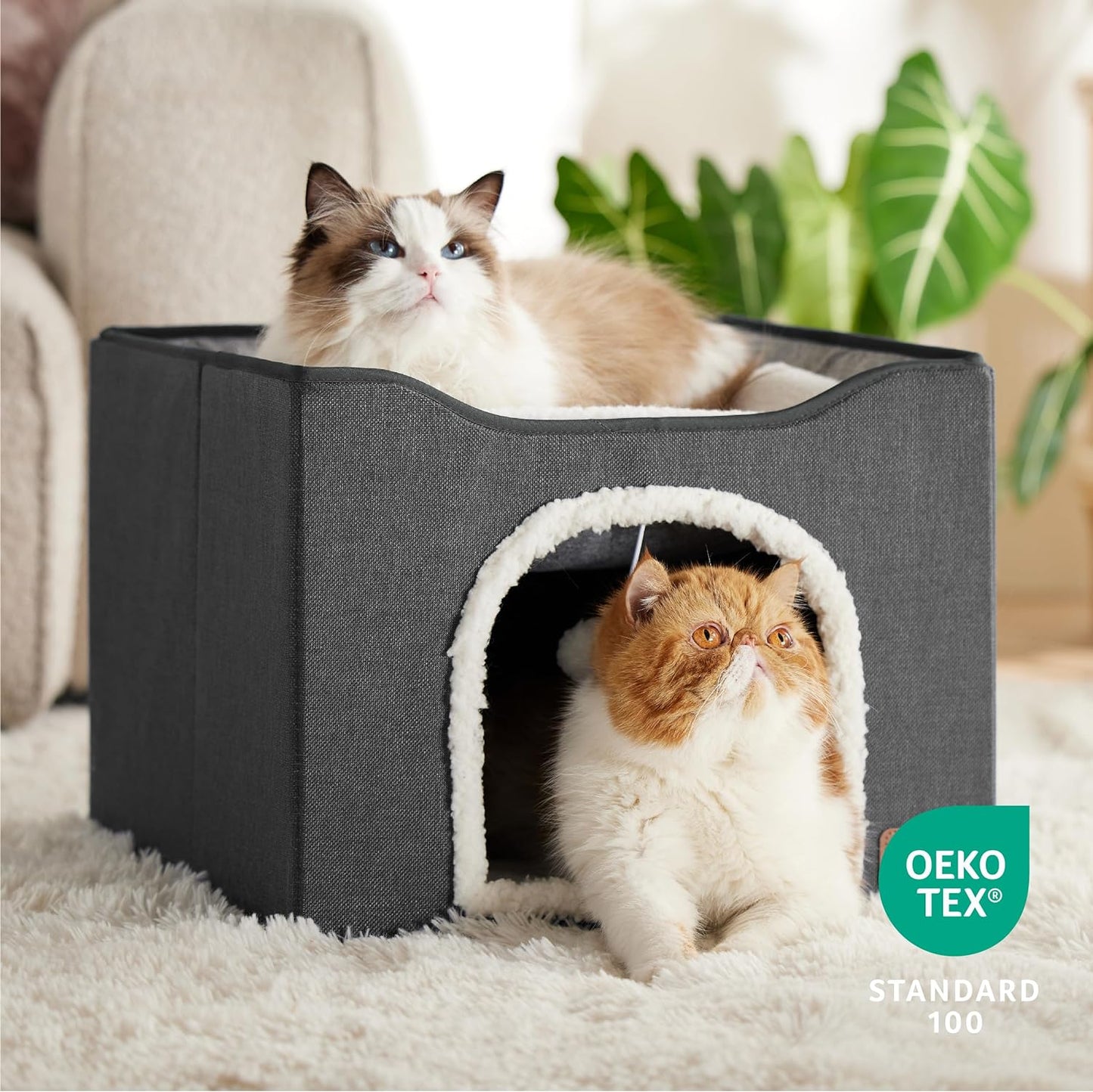 Bedsure Cat Beds for Indoor Cats - Large Cat Cave for Pet Cat House with Fluffy Ball Hanging and Scratch Pad, Foldable Cat Hideaway, 16.5x16.5x13 inches, Dark Grey
