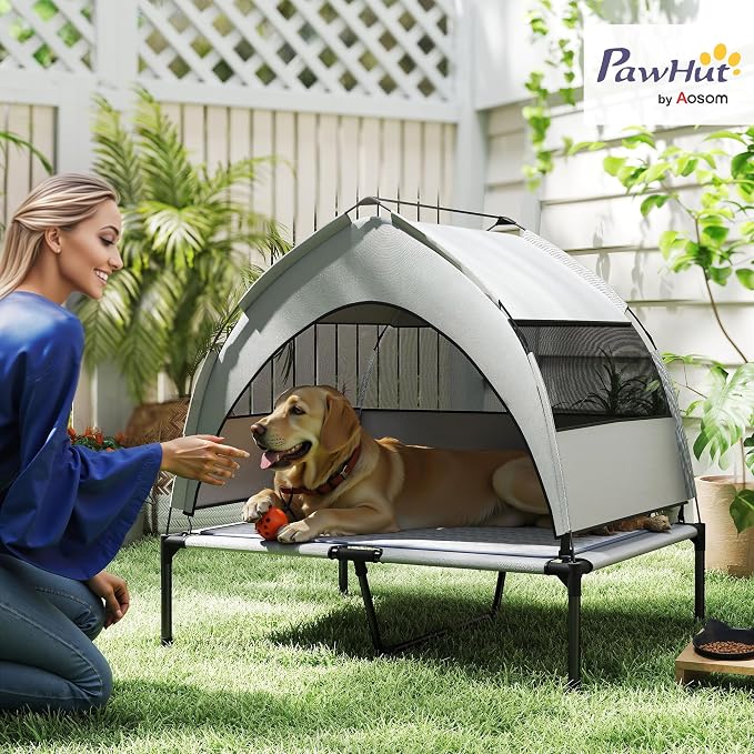 PawHut Elevated Dog Bed with Cooling Pad, 36" x 29.5" x 35", Light Gray | Raised Outdoor Pet Bed, Removable Canopy, Breathable Mesh, Storage Bag, Portable Pet Cot, for Indoor Outdoor Large Dogs
