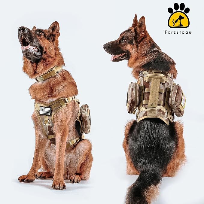 Forestpaw Tactical Dog Harness Collar Bungee Leash Set,M,Camo Brown | Adjustable Fits 22-35" Chest,30-80 lbs,No Pull Control Military Style,Quick Release Buckle,Walking Training for Medium Dogs