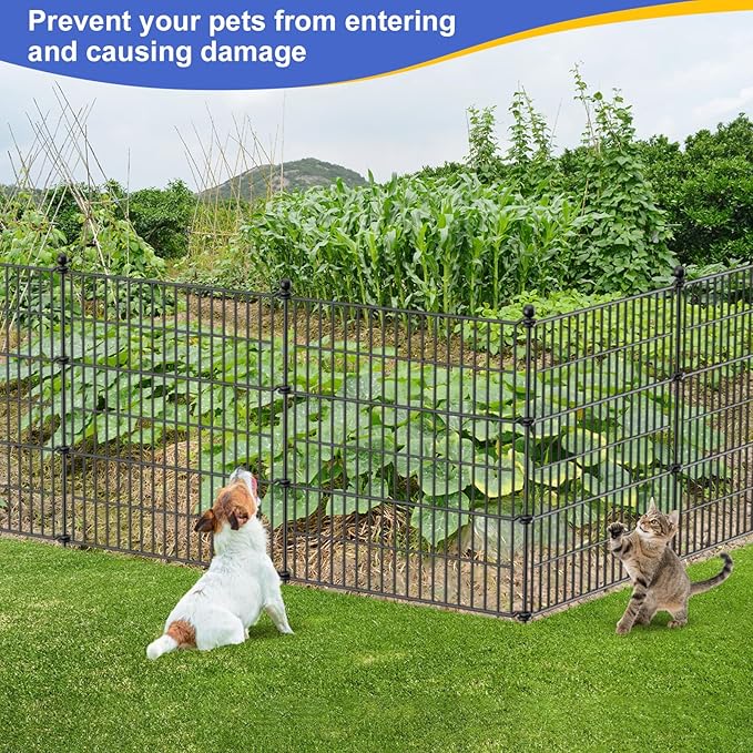 10 Panels No Dig Garden Fence Outdoor for Yard, 32 in(H) X 23.6 ft(L) Animal Barrier Pet Fencing Rustproof Decorative Metal Wire Panel Border for Dog, Rabbits, and Patio Temporary Ground Stakes