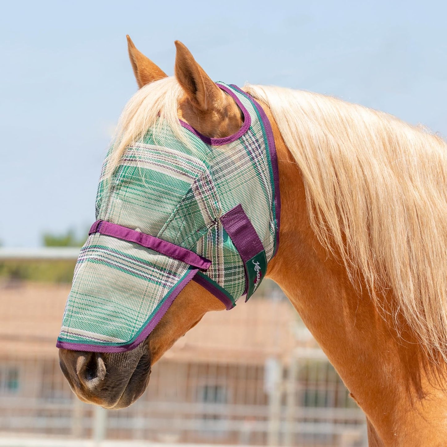 Kensington Signature Fly Mask with Removable Nose — Protects Horses Face and Nose from Biting Insects and UV Rays While Allowing Full Visibility — Ears and Forelock Able to Come Through The Mask