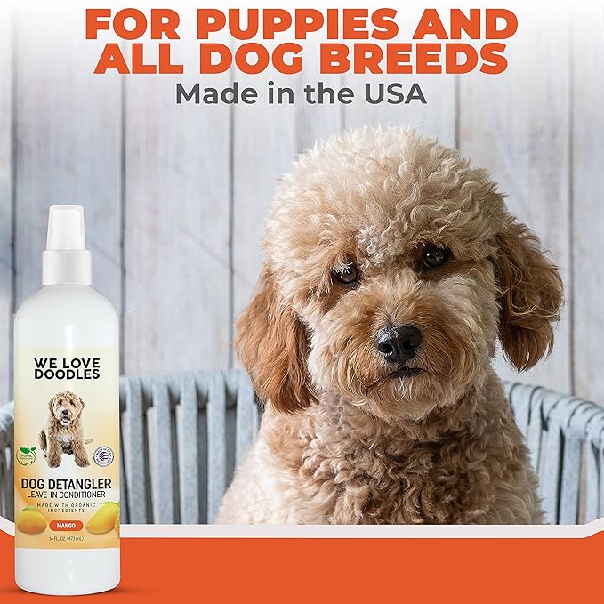 We Love Doodles Dog Grooming Detangler Brush & Rake (Mango Detangler Spray Bundle) - Stainless Steel Blades - For All Hair Types & Sizes - Safe & Gentle Formula - Made in USA