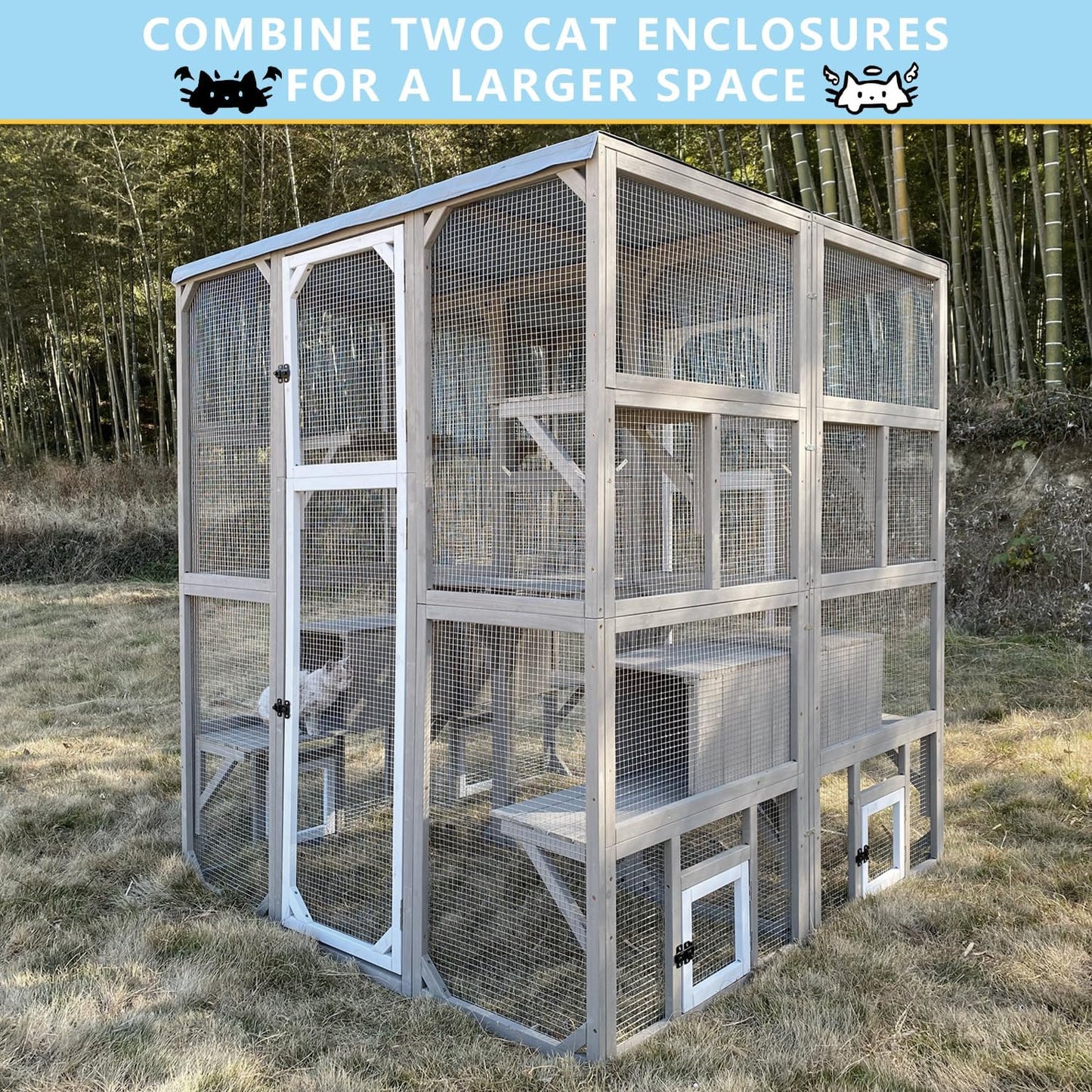 Catio Outdoor Cat Enclosure Large Window Cat House Walk in Kitty Cage with Multi-Level Platforms, Waterproof Roof for Mulitiple Cats (59" L x 29.5" W x 67.7" H)