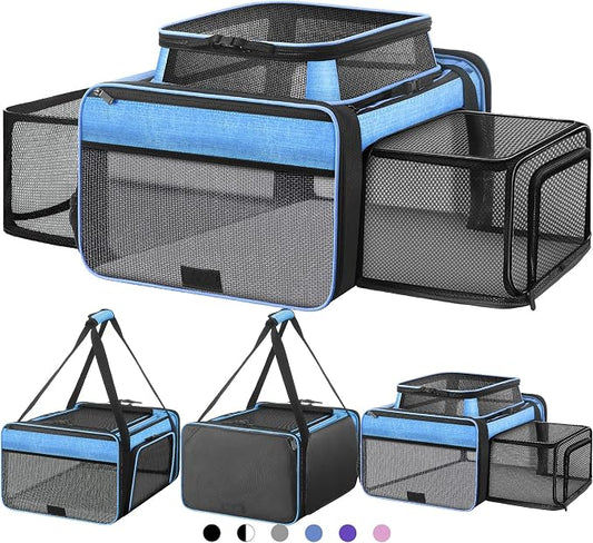 Top and 2 Sides Expandable Cat Carrier 18x13.5x9.5, TSA Airline Approved Dog Carriers for Small Dogs, Soft-Sided Pet Carrier with Self-Locking Zippers for Kitten,Rabbit, Puppy, Guinea Pig Blue