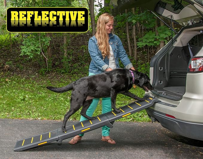 Pet Gear Travel Lite Ramps for Dogs and Cats, Safety Yellow - Reflective | Compact Easy-Fold, Lightweight and Portable, Built-In Carry Handle, Supports 200 lbs, Size 71" x 16"