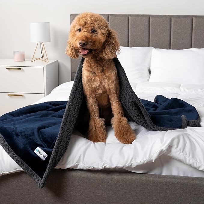 PetAmi Waterproof Dog Blanket for Queen Bed Large XL Dog Throw for Couch Cover Leakproof Furniture Protection, Sherpa Fleece, Reversible Soft Washable 90x90 Navy Gray