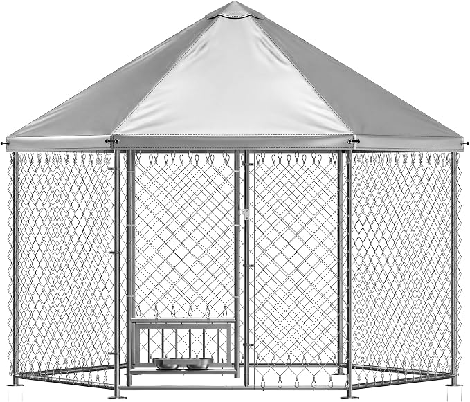 Dog Kennel Outdoor Enclosure with Roof, 6.9x6.9x5.9ft Heavy Duty Galvanized Steel Outside Dog Run with Adjustable Rotating Bowls for Yard, Medium Large Dogs