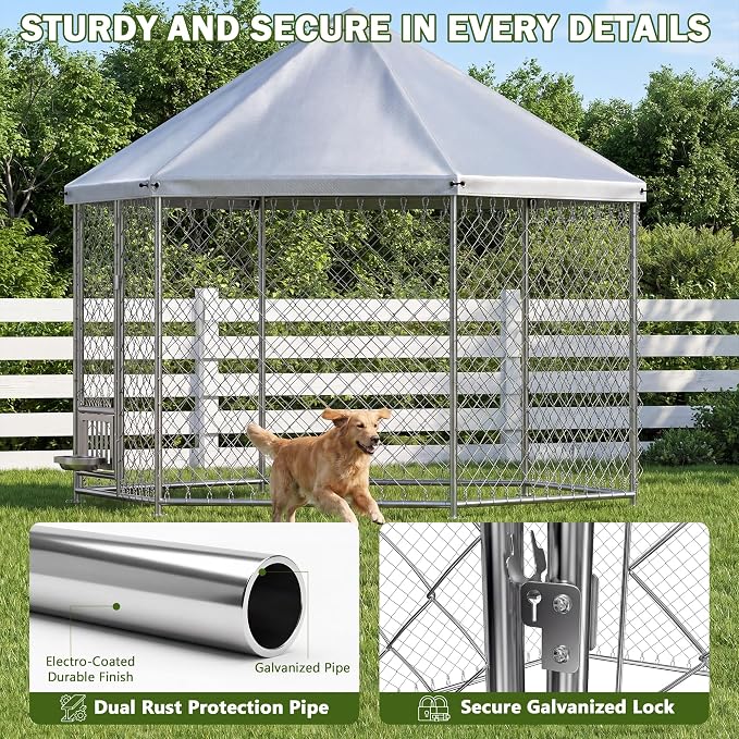 Dog Kennel Outdoor Enclosure with Roof, 6.9x6.9x5.9ft Heavy Duty Galvanized Steel Outside Dog Run with Adjustable Rotating Bowls for Yard, Medium Large Dogs