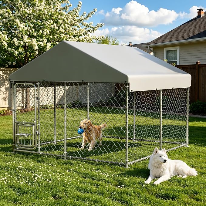 GarveeLife Dog Kennel Outdoor with Waterproof Cover, Outdoor Dog Enclosure with 360° Rotating Feeding Bowls, Dog Kennel Outside for Backyard, 7.5ftx7.5ftx6.6ft