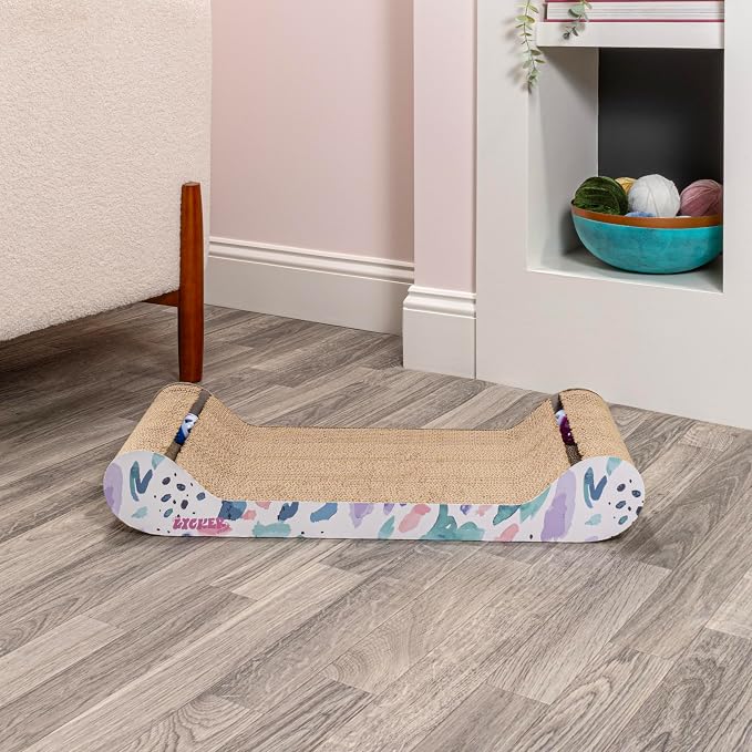 CSR1003A Rini 23.75" Modern Cardboard Lounge Bed Cat Scratcher with Built-in Bell Toys and Catnip, White/Multi