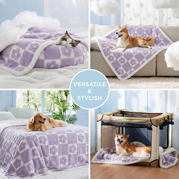 LE SURE Waterproof Dog Blankets for Small Dogs Cute Cozy 3D Jacquard,25x35 | Puppy Blanket for Cat Aesthetic Gift, Warm Soft Sherpa Throw Washable, Reversible Pet Couch Protector, Lavender Flower Checks