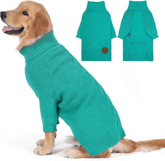cyeollo Warm Stretchy Sweaters for Medium to Large Dogs Boy & Girl, Pullover Knitted Thermal Winter Big Dog Clothes with Sleeves Turtleneck Pet Beagle Border Collie Apparel, Aqua Green XXL