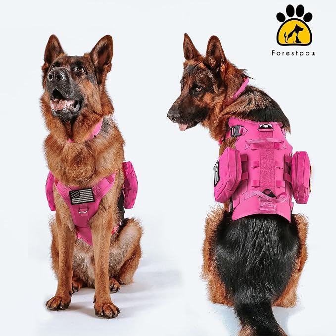 Forestpaw Tactical Dog Harness Collar Bungee Leash Set,S,Hot Pink | Adjustable Fits 17-25" Chest,20-35 lbs,No Pull Control Military Style,Quick Release Buckle,Walking for Medium Dogs