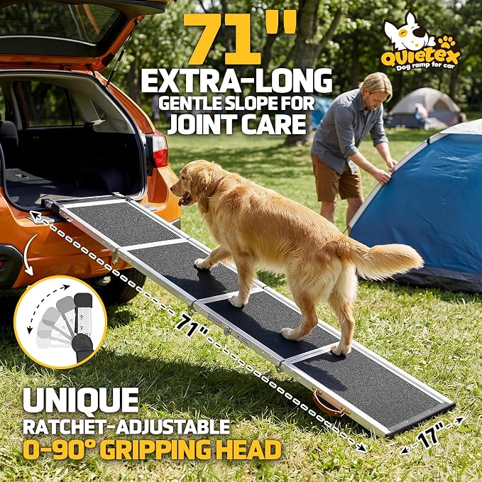71”Dog Ramp for Car SUV Truck with Adjustable Head | Aluminum Alloy Dog Ramp, Foldable Outdoor Pet Ramp,Up to 200 LBS,Non-Slip Surface Dog Ramps