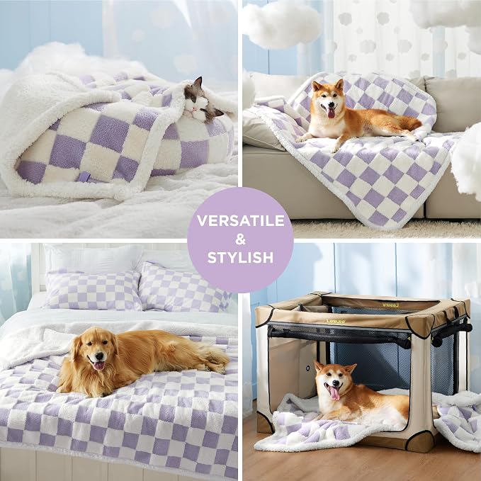 LE SURE Waterproof Dog Blankets for Large Dogs Cute Cozy 3D Jacquard,40x50 | Warm Soft Pet Blanket for Senior Dogs Aesthetic Gift, Washable Sherpa Throw, Reversible Couch Protector, Lavender Checks