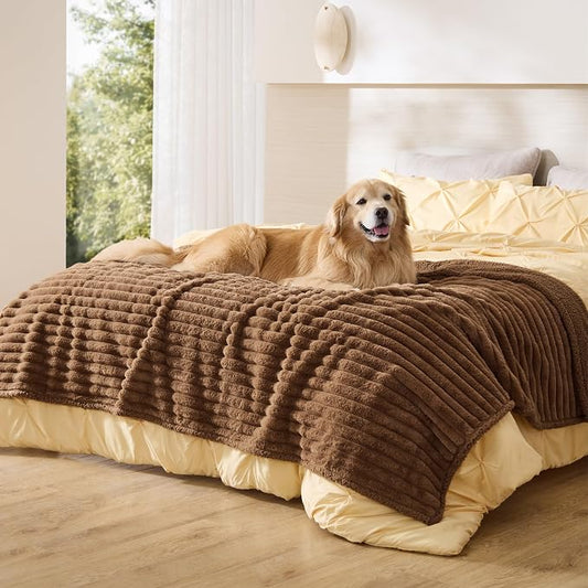Bedsure ComfyFleece™ Waterproof Blanket for Bed, Twin（60"x80"） Camel Brown | Soft Plush Couch Bed Cover Corduroy Fleece for Furniture Protector, Cozy Calming Reversible Dog Blankets for Large Dogs Pet