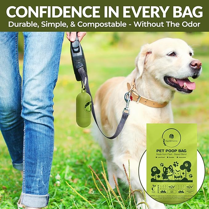 EarthVerve Dog & Cat Compostable Poop Bags (240 Counts w/Dispenser) - Plant Based, Enhanced Leak-Resistant, Odor-Resistant & Durable – Unscented,Sustainable Cleanup Solution –10% to Animal Rescue