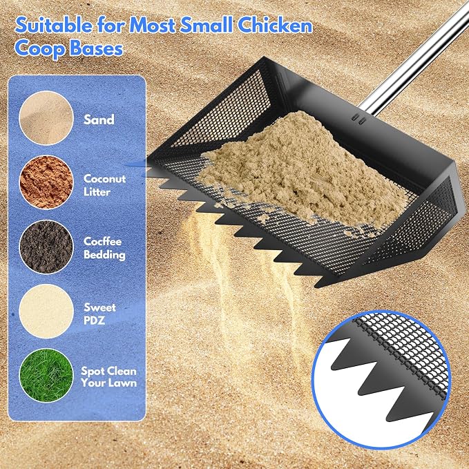 VEEMI Chicken Poop Scooper Rake 2-in-1,304 Stainless Steel Shovel Head, Chicken Litter Scoop with Handle for Chicken Coop for Sand, Pet Waste Cleaning, Litter Sifting Shovel (35 to 65") | Chicken Poop Scooper