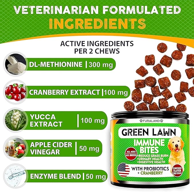 FURALAND Grass Burn Spot Chews for Dogs - Dog Pee Lawn Spot Saver Caused by Dog Urine - Grass Treatment Rocks - DL-Methionine + Digestive Enzymes - Dog Urine Neutralizer for Lawn - Soft Treats