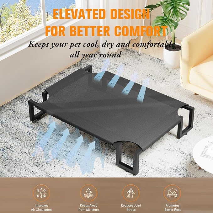 Elevated Dog Bed,Raised Outdoor Dog Bed for Large Sized Dogs Black | Portable Cooling Dog Cot with Washable Breathable Teslin Mesh,Waterproof Pet Bed for Indoor,Durable,No-Slip Feet,110×76×21cm