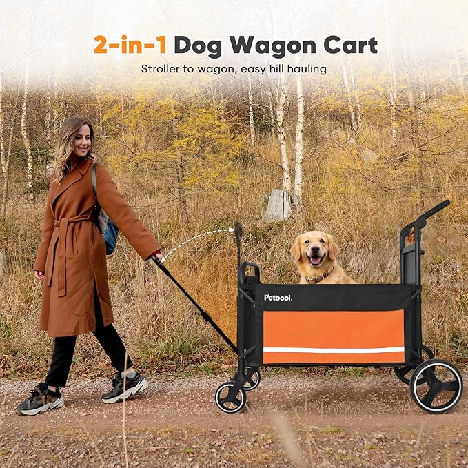 Petbobi Dog Wagon for Large Dogs, Push & Pull Foldable Pet Cart with Ramp | Fits Medium & Heavy Breeds Up to 80 lbs, 360° Swivel Stroller Wheels, Adjustable Handle, Foot Brake, Safety Leashes, Orange