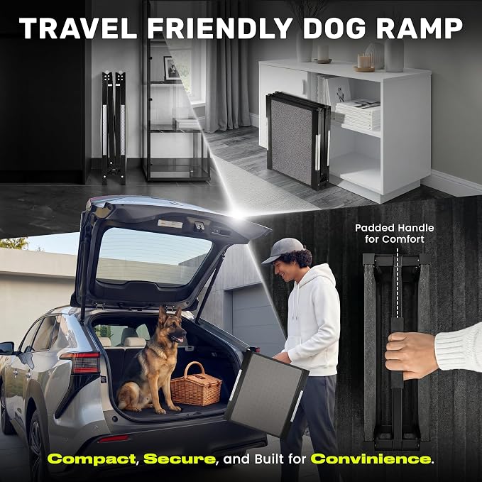 Dog Ramp for Car - 71" L x 17" W Portable Dog Ramp for Car | Foldable dog ramp for cars, trucks & SUVs, beds & sofas with anti-slip feet, traction carpet, 250 lb, for Corgis & Dachshunds
