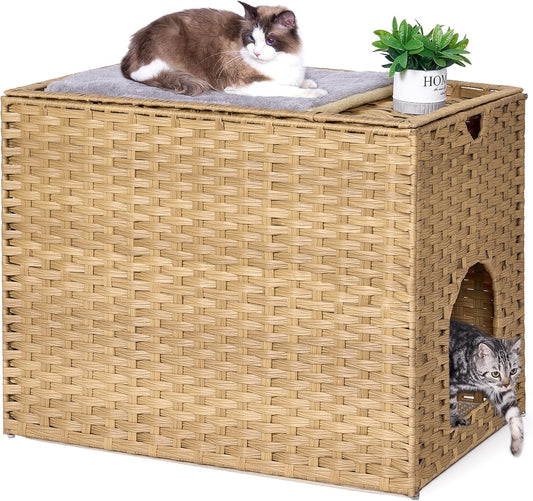Cat Litter Box Enclosure with Litter Trapping Mat; Handwoven Plastic Rattan Cat House; No Installation Hidden Cat Washroom; Pet Crate for Balcony,Bedroom,Living Room