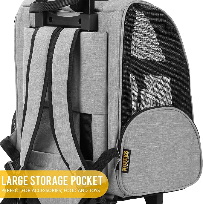 KOPEKS Deluxe Backpack Pet Travel Carrier with Double Wheels for Pets up to 10 Pounds - Black - Approved by Most Airlines
