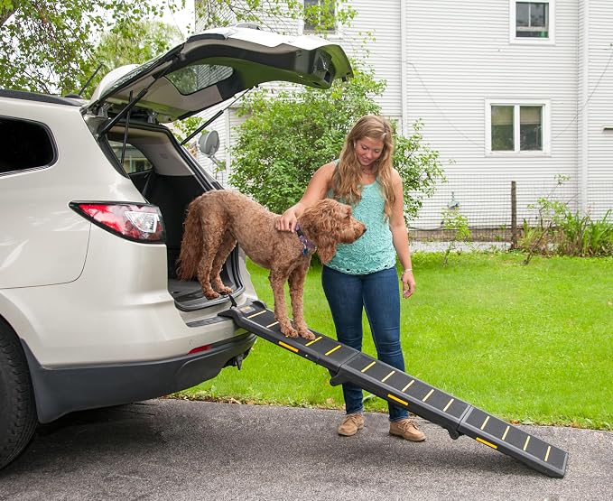 Pet Gear Travel Lite Ramps for Dogs and Cats, Safety Yellow - Reflective | Compact Easy-Fold, Lightweight and Portable, Built-In Carry Handle, Supports 200 lbs, Size 71" x 16"