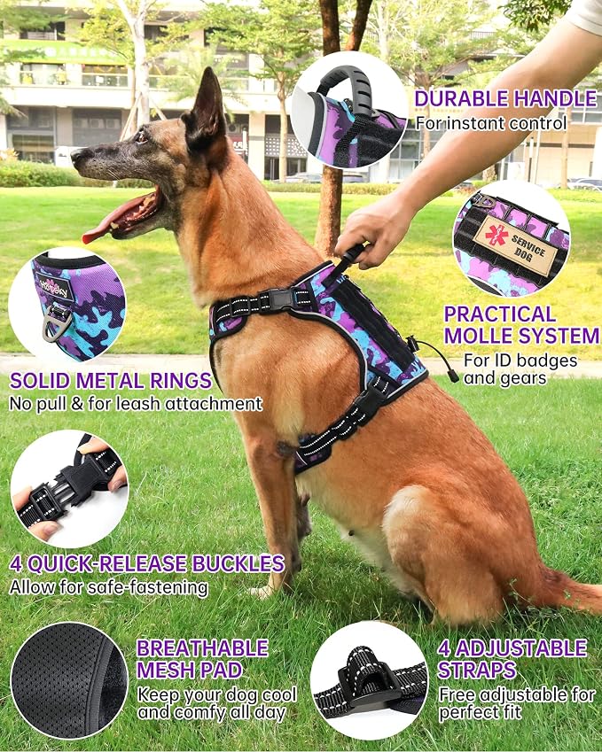 Hotsky Tactical Dog Harness No Pull，Adjustable Service Dog Vest Reflective Military Pet Harness with Control Handle Molle Loop Panels for Training Walking Running(Purple Camo, M)