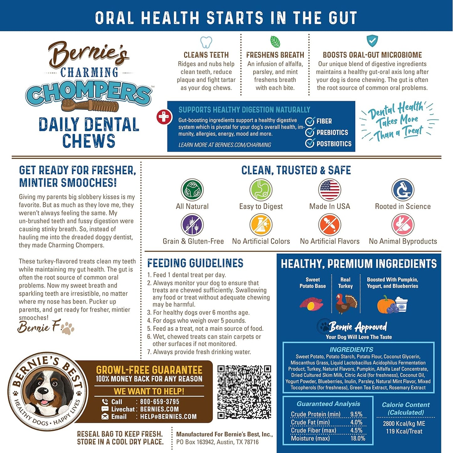 Bernie's Charming Chompers - Daily Dental Chews for Dogs 50-100 Lbs. - 24 Count - Cleans Teeth, Freshens Breath, + Boosts Oral-Gut Microbiome. Easy to Digest, Supports Healthy Digestion Naturally