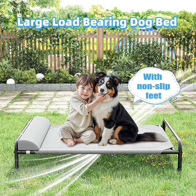 Simple Trending Elevated Dog Bed for Large Dogs, Cooling Raised Pet Cot with Bolster, Breathable Outdoor Couch Bed, 44.5" x 31", Grey | Cooling Raised Pet Cot with Bolster, Dog Couch Cot for Indoor Outdoor, Breathable Mesh, Waterproof, Non-Slip Feet