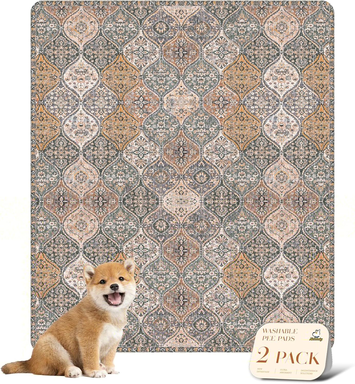 nunubaby Washable Pee Pads for Dogs, Stylish, Non-Slip and Leak-Proof Pee Pads. Reusable Potty Pads for Dogs for Crates and Floors.(Brown/Multi, 31" x36")